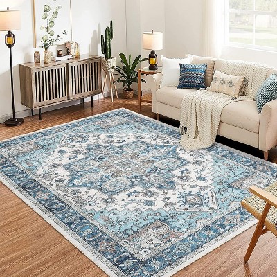 Area Rug, Machine Washable Rug for Living Room, Vintage Florals Accent Carpet, Low Pile Front Door Mat, Kitchen Rugs Non Slip Washable