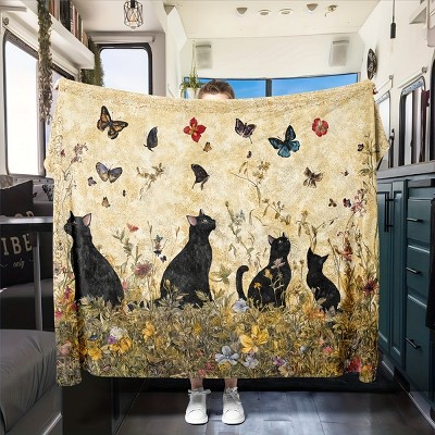 Butterfly Black Cats Flannel Fleece Blanket, All-Season RV Interior Decor, Car Nap Throw, Cozy and Soft, Christmas Gift.