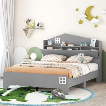 Twin/Full Size Wooden House Bed with Storage Headboard, Kids Bed with Storage Shelf - ModernLuxe