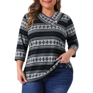 Agnes Orinda Women's Plus Size Comfy Knit 3/4 Sleeve V Neck Stripe Boho Casual Blouse - 1 of 4