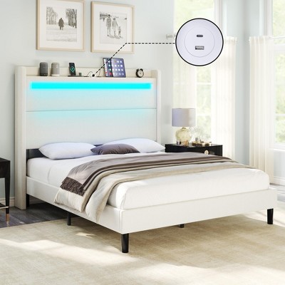 AMERLIFE Bed Frame with LED Lights & Wingback Headboard