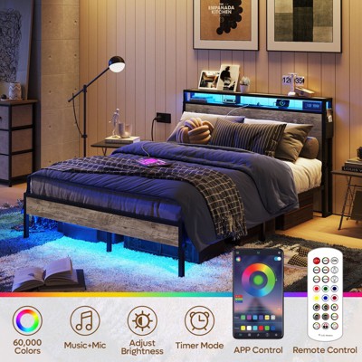 Bestier Queen Size Metal Frame Bed with LED Headboard and Storage