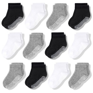 Cozyway Non-Slip Ankle Grip Low Cut Toddler Socks, 12 Pack for Boys & Girls, Black/White/Gray, 3-5 Years Old, Unisex - 1 of 4