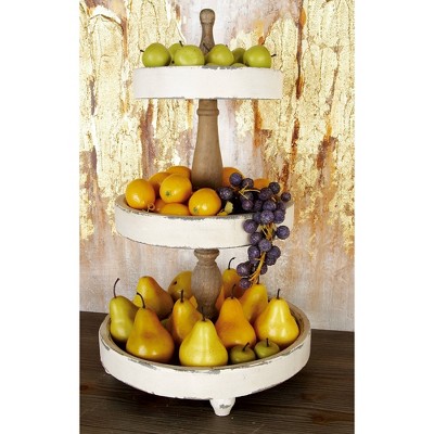 Distressed White and Brown Wood 3-Tier Round Serving Tray
