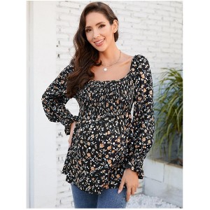 Women's Maternity Tops Elegant Square Neck Lantern Sleeve Blouse - 1 of 4