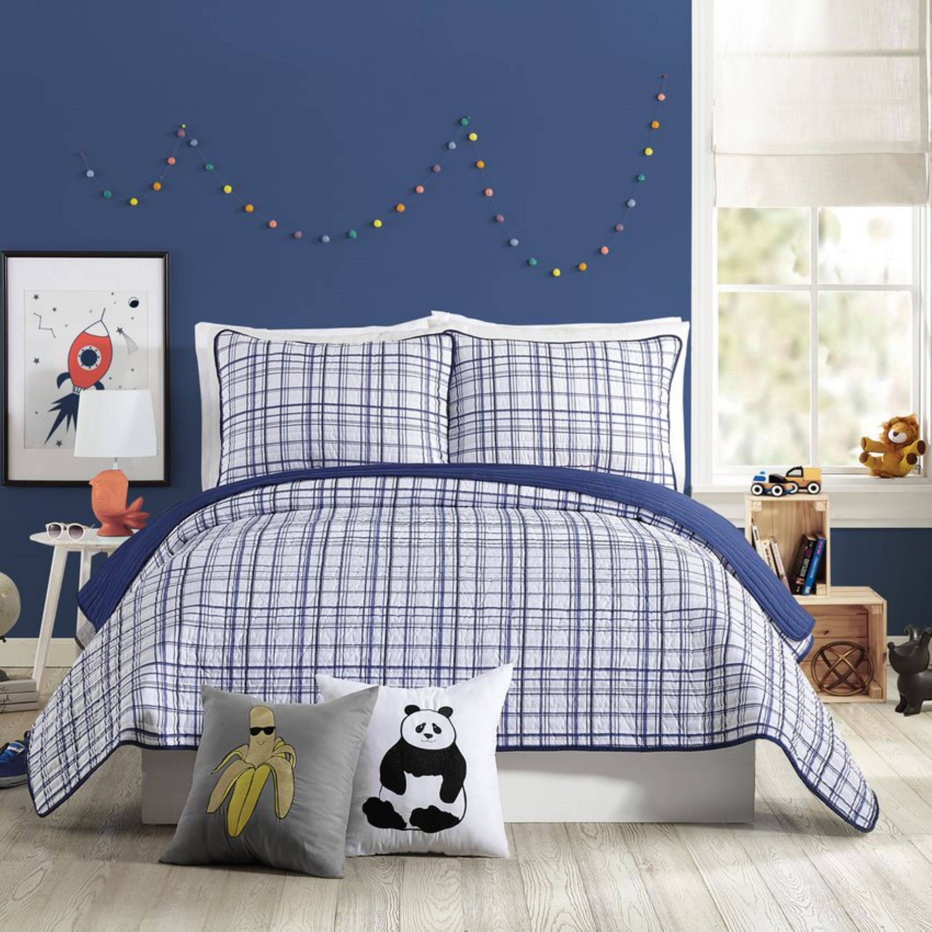 2Pc Twin Marquis Reversible Kids' Quilt Set Navy - Urban Playground: Boys Bedding, Classic Plaid, Polyester, Twin Size