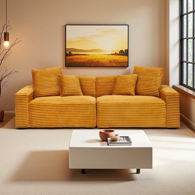 104.72" Corduroy Sofa with 4 Throw Pillows & Solid Wood Frame