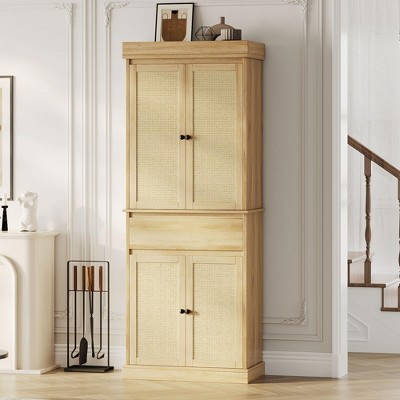 Pantry Storage Cabinet with Drawer, Rattan Pantry Cabinet, Freestanding Kitchen Cupboard