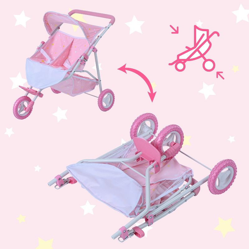 Olivia's Little World Double Twin Baby Doll Pram Stroller Pink Stars OL-00012, 5 of 14