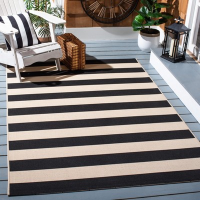 Beige and Black Striped Synthetic Rectangular Area Rug