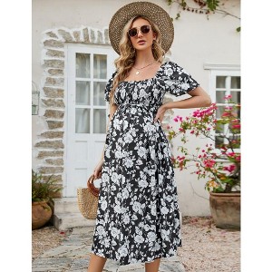 WhizMax Women's Maternity Dress Summer Floral Print Square Neck Puff Sleeve Midi Dress Casual Ruffle A Line Dress for Babyshower - 1 of 4
