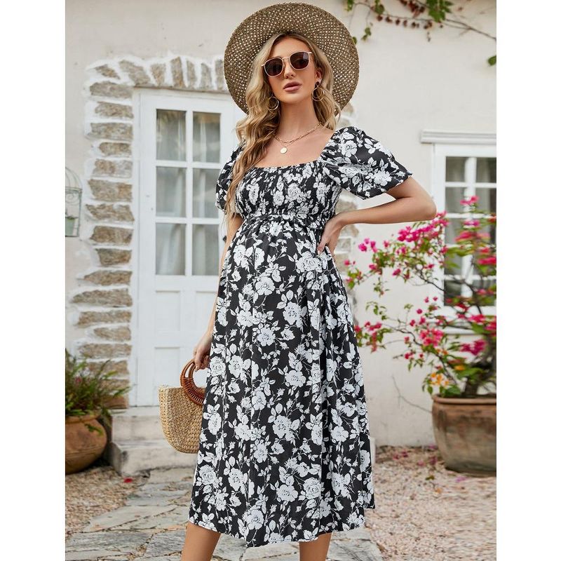 WhizMax Women's Maternity Dress Summer Floral Print Square Neck Puff Sleeve Maxi Dress Casual Ruffle A Line Dress for Babyshower, 1 of 8