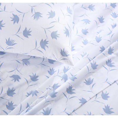 King Blue Floral Cotton Percale Sheet Set