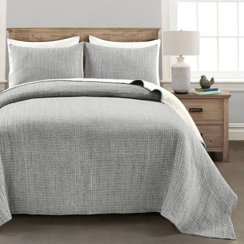 3pc King Pickstitch Quilt/Coverlet Light Gray/Off White - Lush Décor