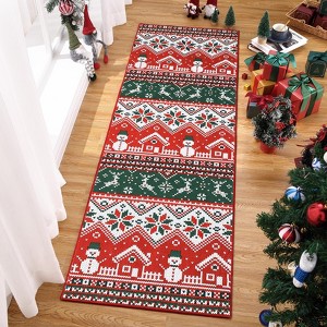 Machine Washable Area Rug, Low Pile Non-Slip Floor Mat with Snowmen & Houses, Festive Holiday Carpet for Living Room Bedroom, Red/Green - 1 of 4