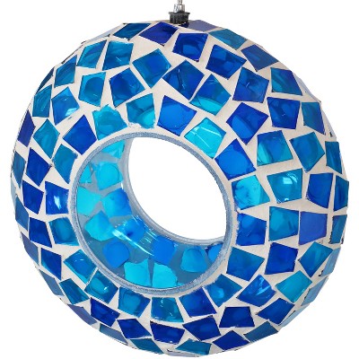 Sunnydaze Outdoor Garden Patio Round Glass with Mosaic Design Hanging Fly-Through Bird Feeder - 6"- Blue