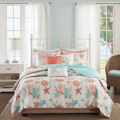 6Pcs coverlet Set Coastal Shell Print Quilt with Embroidered Pillows, Summer Cotton Sateen