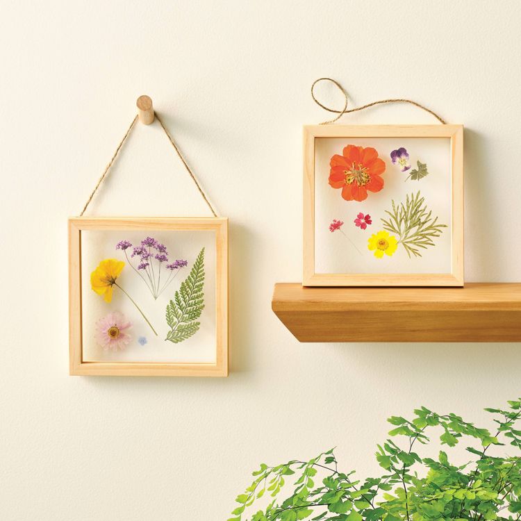 Two wooden frames displaying pressed flowers and leaves, one hanging on a wall and the other resting on a wooden shelf.