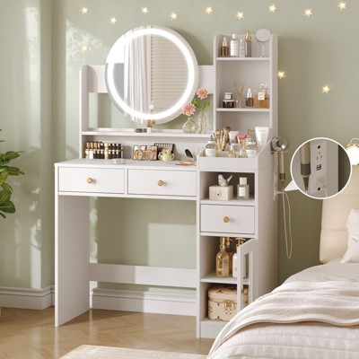 Makeup Vanity Table with Round Lighted Mirror, Glass Door Cabinet & Power Strip, 39"W White Vanity
