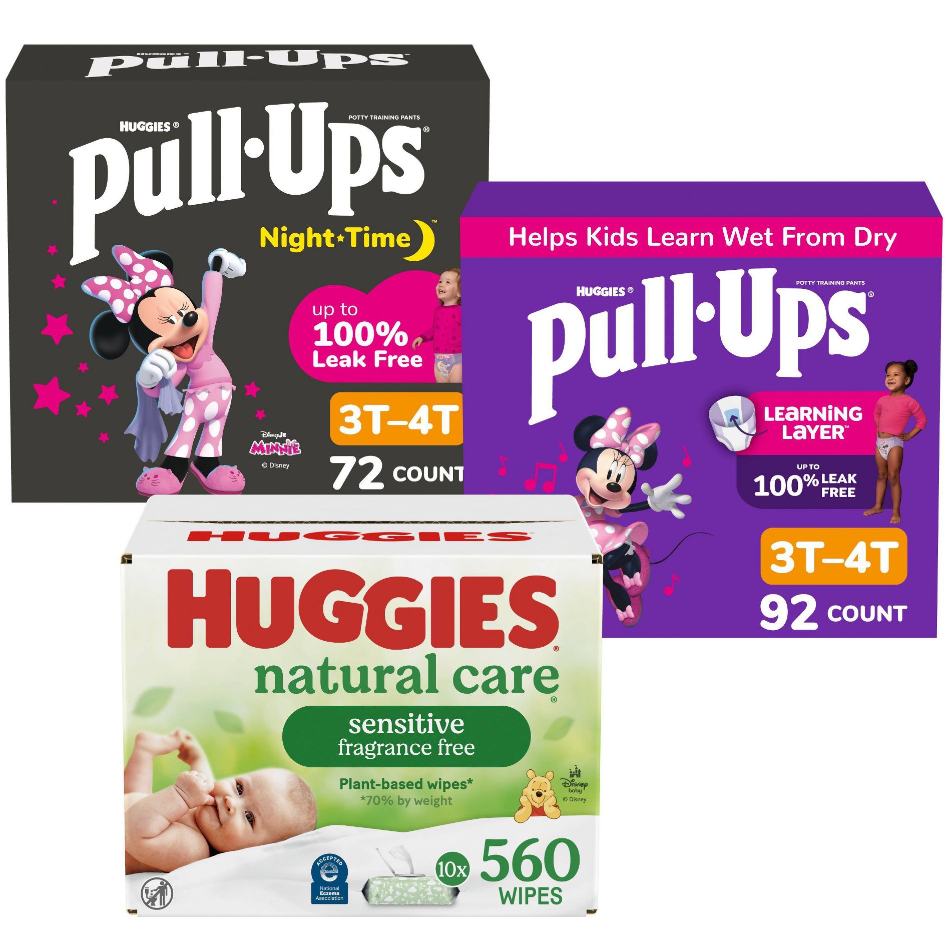 Pull-Ups Girls' Nighttime Training Pants 3T-4T-72ct + 92ct Learning Designs + Huggies Care Sensitive Unscented Baby Wipes10 Pack/560ct