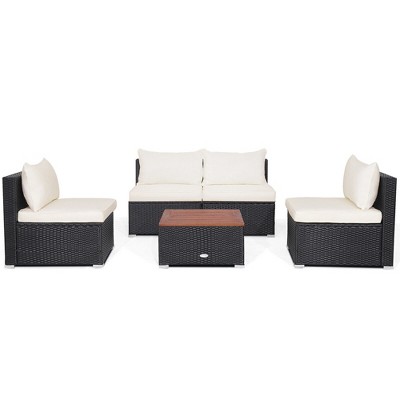 Tangkula 5PCS Rattan Patio Conversation Sofa Set Outdoor Furniture Set w/ Off White Cushions