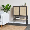 Storied Home Boho Woven Rattan and Wood Cabinet with 2 Doors, 1 Shelf, and 4 Interior Storage Compartments, Grey and Natural - 3 of 4