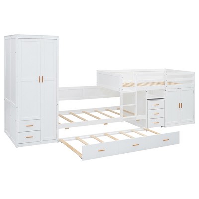 TiramisuBest Twin Wooden Bunk Bed with Trundle - White Plywood Design