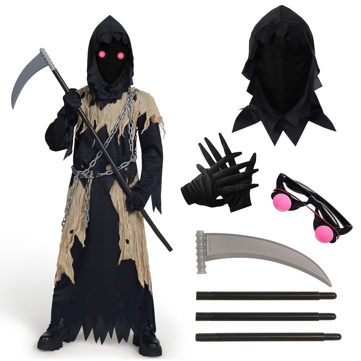 Joyfy Boys' Halloween Costume Grim Reaper Set, Glowing Eyes Kids Grim Reaper Costume with Mask, Scythe, Chain & Gloves for Halloween Dress Up Party