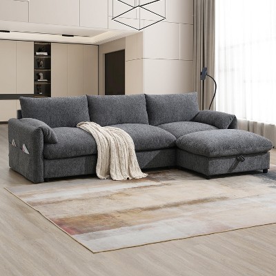 Whisen Oversized Chenille Sectional Sofa with Storage Ottoman and Pockets, Adjustable Phone Holder and Charging Ports