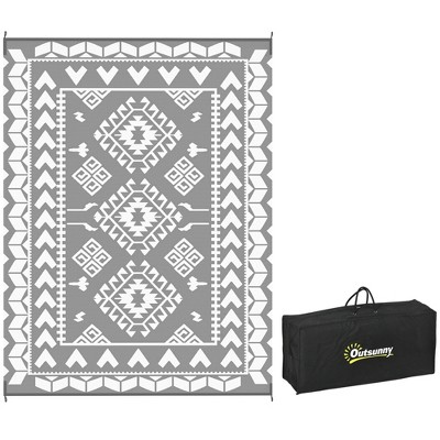 Outsunny Outdoor Patio Rug, Large Camping Carpet with Carrying Bag, Waterproof Plastic Straw, Reversible, Rhombus Patchwork