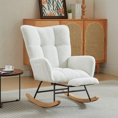 Modern Nursery Rocking Chair with Footrest, Teddy/Corduroy Upholstered Glider Chair with High Backrest & Solid Wood Legs - ModernLuxe