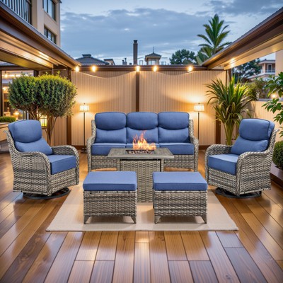 Buenhomino 7 Pieces Patio Furniture Sets with Fire Pit Table, Wicker High Back Outdoor Swivel Rocking Chairs Set with 3-Seat Couch, Ottomans and Table