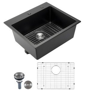 VEVOR 25 inch Kitchen Sink Workstation, Top Mount Granite Sinks, Drop-In Single Bowl Farmhouse Basin with Multiple Accessories, (Black) - 1 of 4