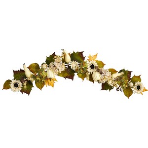 Nearly Natural 5-ft Fall Sunflower, Hydrangea and White Pumpkin Artificial Autumn Garland - 1 of 2