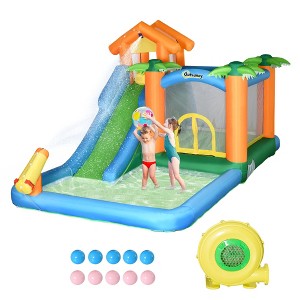 Outsunny 6-in-1 Tropical Inflatable Water Slide Jumping Castle Includes Floating Ball Slide Trampoline Pool Cannon Climbing Wall with Carry Bag - 1 of 4