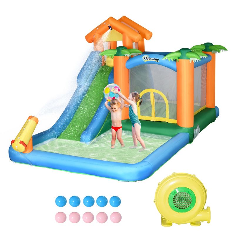 Outsunny 6-in-1 Tropical Inflatable Water Slide Jumping Castle Includes Floating Ball Slide Trampoline Pool Cannon Climbing Wall with Carry Bag, 1 of 7