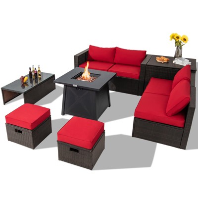 Tangkula 9PCS Outdoor Patio Furniture Set with 30" Propane Fire Pit Table PE Wicker Space-Saving Sectional Sofa Set w/ Storage Box & Cushions
