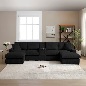 126" Fabric U-Shaped Cloud Sectional Sofa with Console, Cup Holders, USB and Double Chaise - 1 of 4
