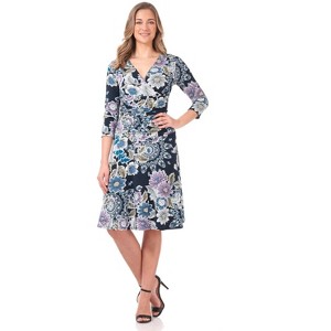 Rekucci Women's Slimming 3/4 Sleeve Fit and Flare Crossover Tummy Control Dress - 1 of 4