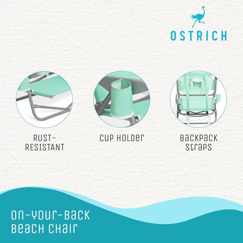 Ostrich On-Your-Back Lightweight Beach Reclining Lounge Lawn Chair w/Backpack Straps, Outdoor Furniture for Pool, Camping, Patio, or Backyard, Teal, 3 of 7