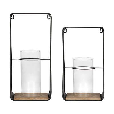 Black and Natural Wood Wall Sconce Set with Glass Chimney