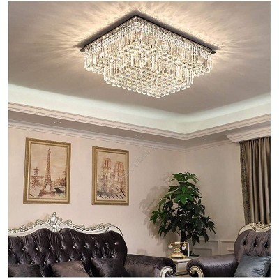 Ludomide Modern Square Crystal Chandelier, Large Flush Mount Ceiling Light Fixture with K9 Raindrop Lights Crystals, Rectangular Chandeliers