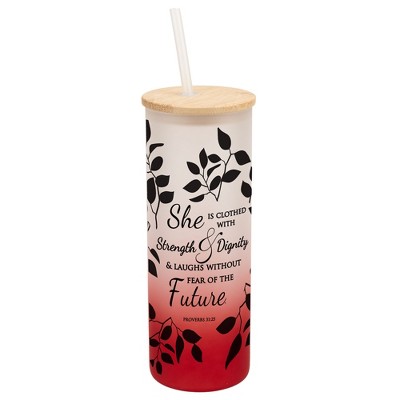 Elanze Designs Clothed Strength & Dignity Proverbs 34 Wrap-Around Design 25 Ounce Frosted Gradient Glass On-The-Go Coffee Travel Skinny Tumbler Mug