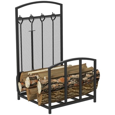 HOMCOM Firewood Rack, Indoor Outdoor Wood Holder with Tools for Fireplace, Wood Stove, Hearth or Fire Pit, Includes Poker, Tongs, Broom, Shovel, Black