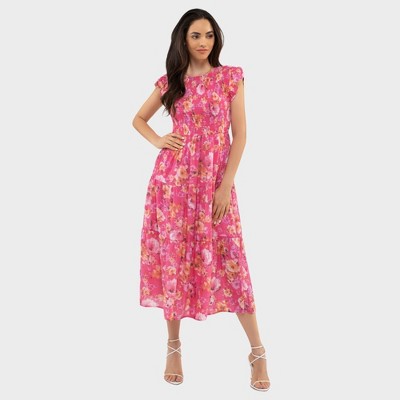 August Sky Women's Floral Smocked Ruffle Sleeve Tiered Midi Dress