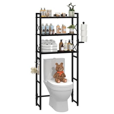 Simple Trending Over The Toilet Storage Rack with Toilet Paper Holder, Heavy Duty Metal 3 Tier Bathroom Organizer Shelf with 3 Hooks,Black