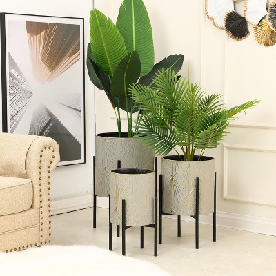 Set of 3 Gray and Gold Metal Cachepot Planters with Black Stands