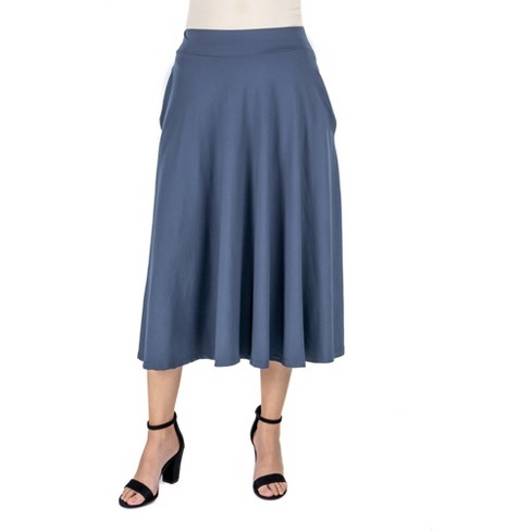 24seven Comfort Apparel Elastic Waist Pleated Pocket Midi Skirt-grey-m ...