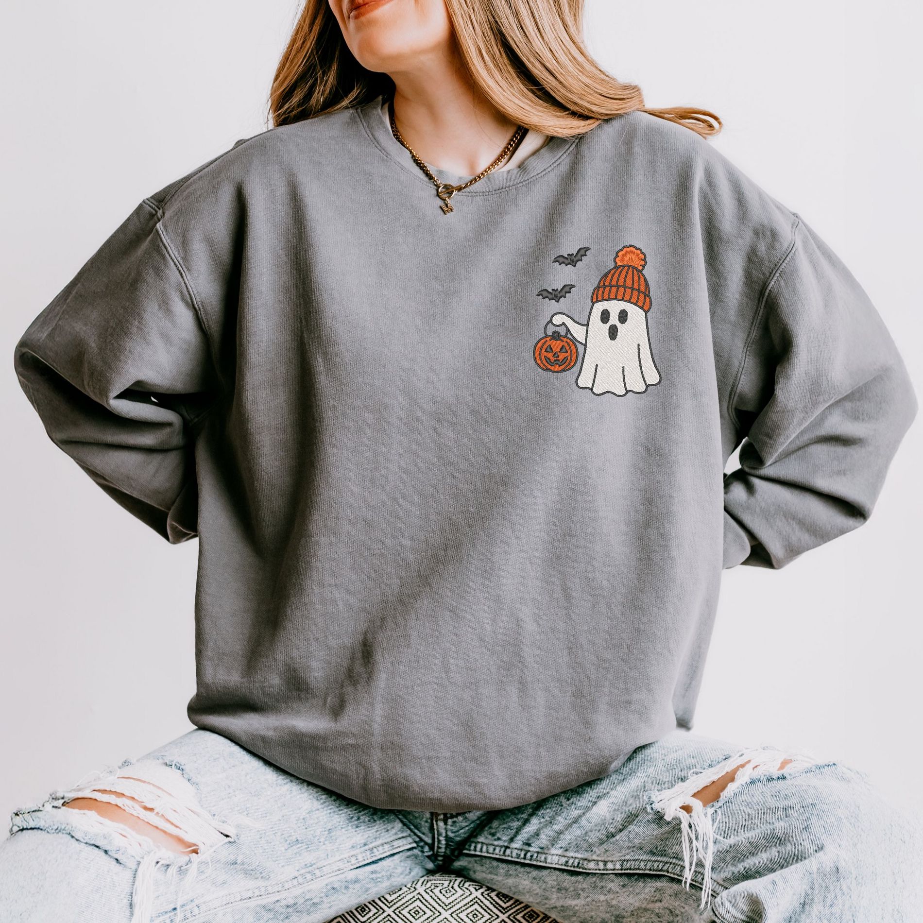 Embroidered Beanie Ghost - Womens Lightweight Garment Dyed Sweatshirt