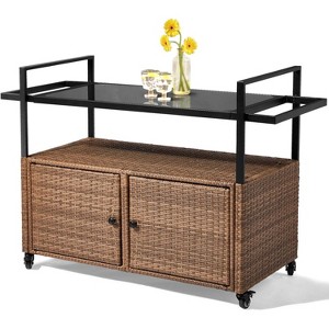 Wicker Outdoor Bar Cart with Storage and Wheels, Outdoor Bar Table Serving Cart Rattan Bar Cart with Glass Top and Shelf for Pool, Party - 1 of 4